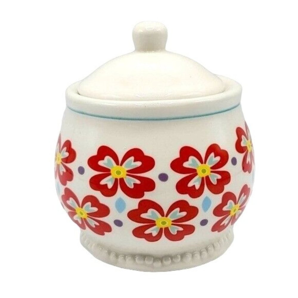 Pioneer Woman Sugar Bowl With Lid Red 4.5" Flowers Blue Belly Round Retro
